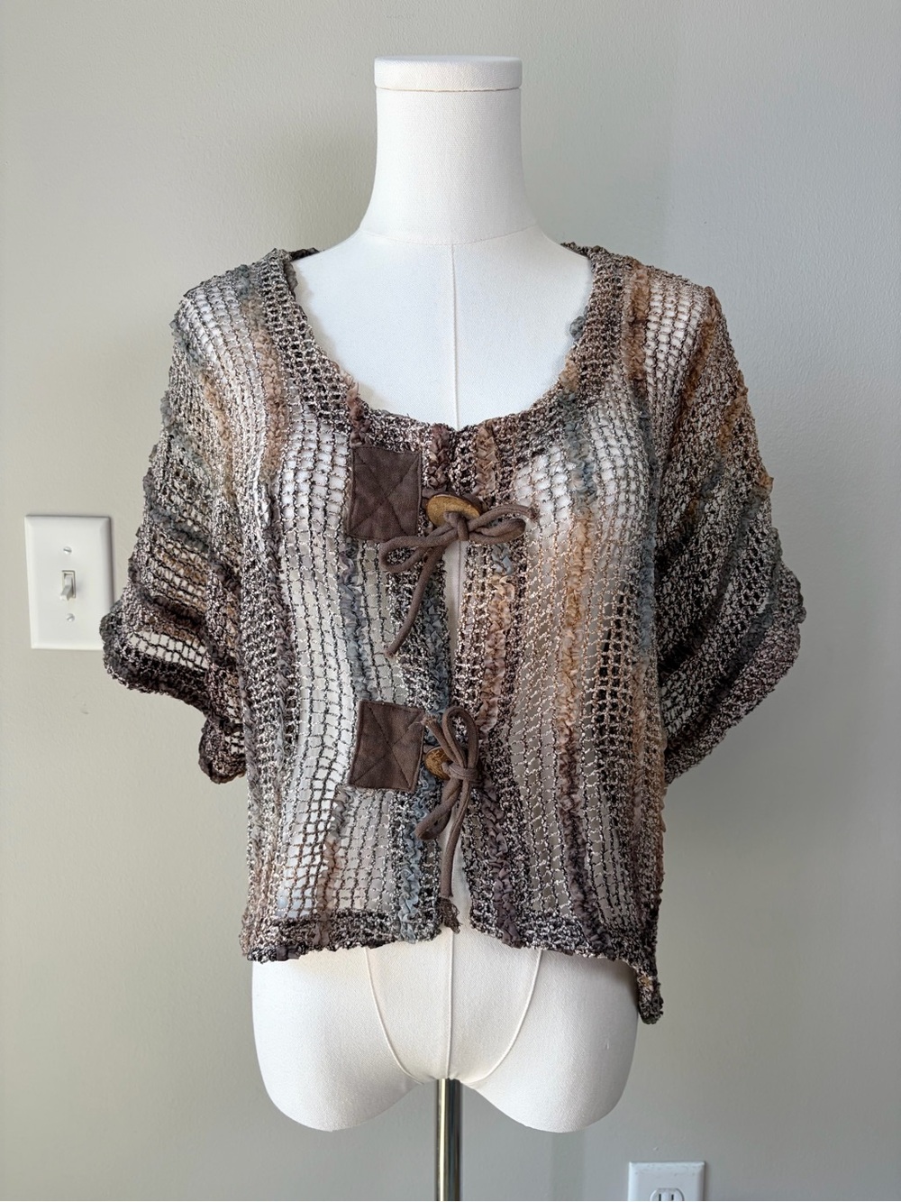 Brown Earth Tones Rustic Boho Open Knit Net Layering Piece Cardigan Shrug Top